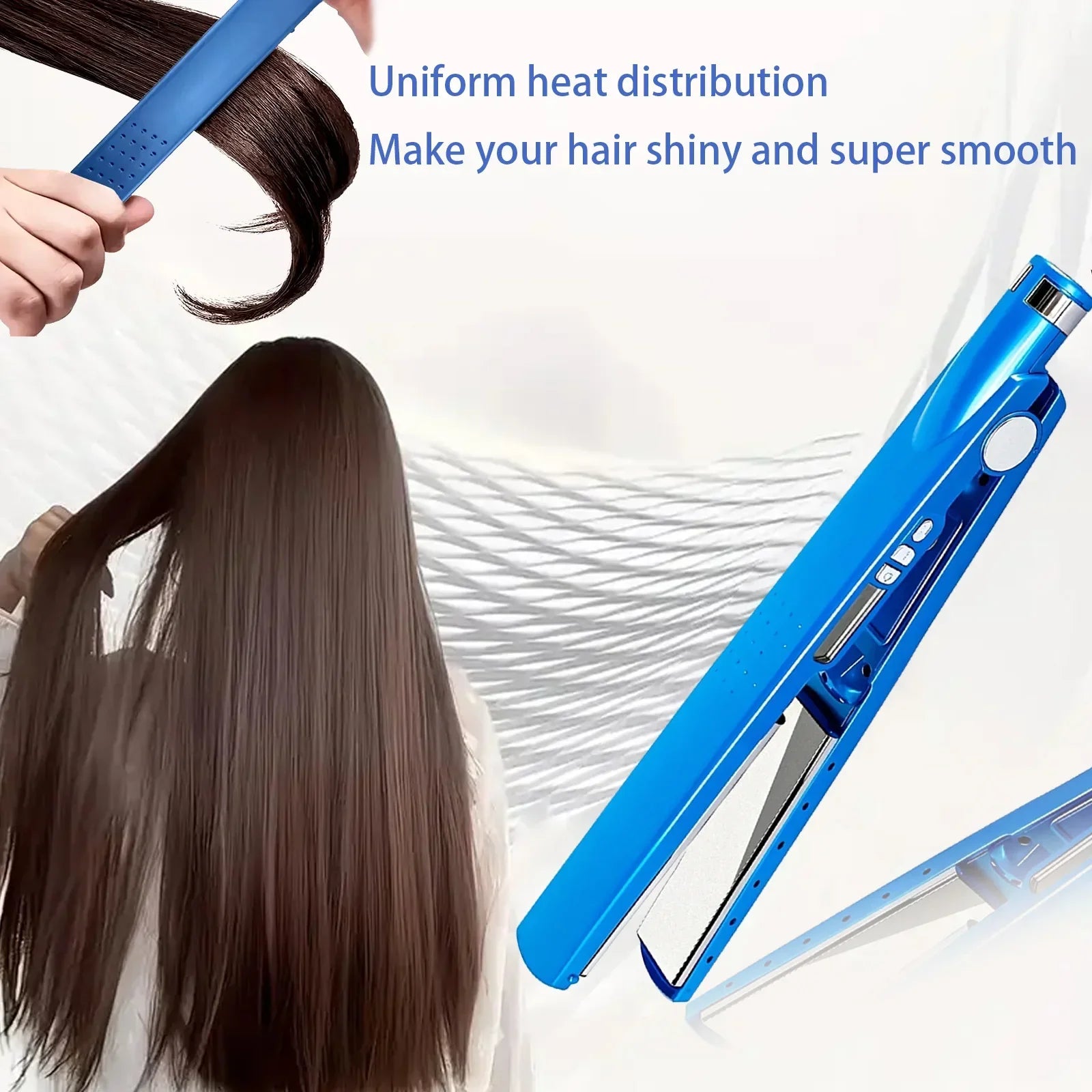 Blue hair straightener with open plates held over long brown hair