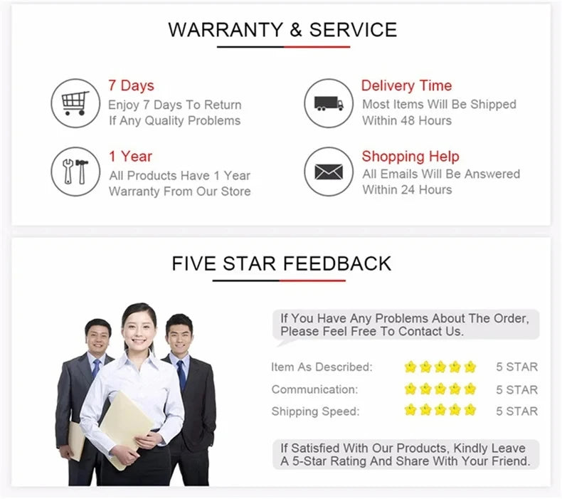 Warranty and service information panel with delivery and returns details