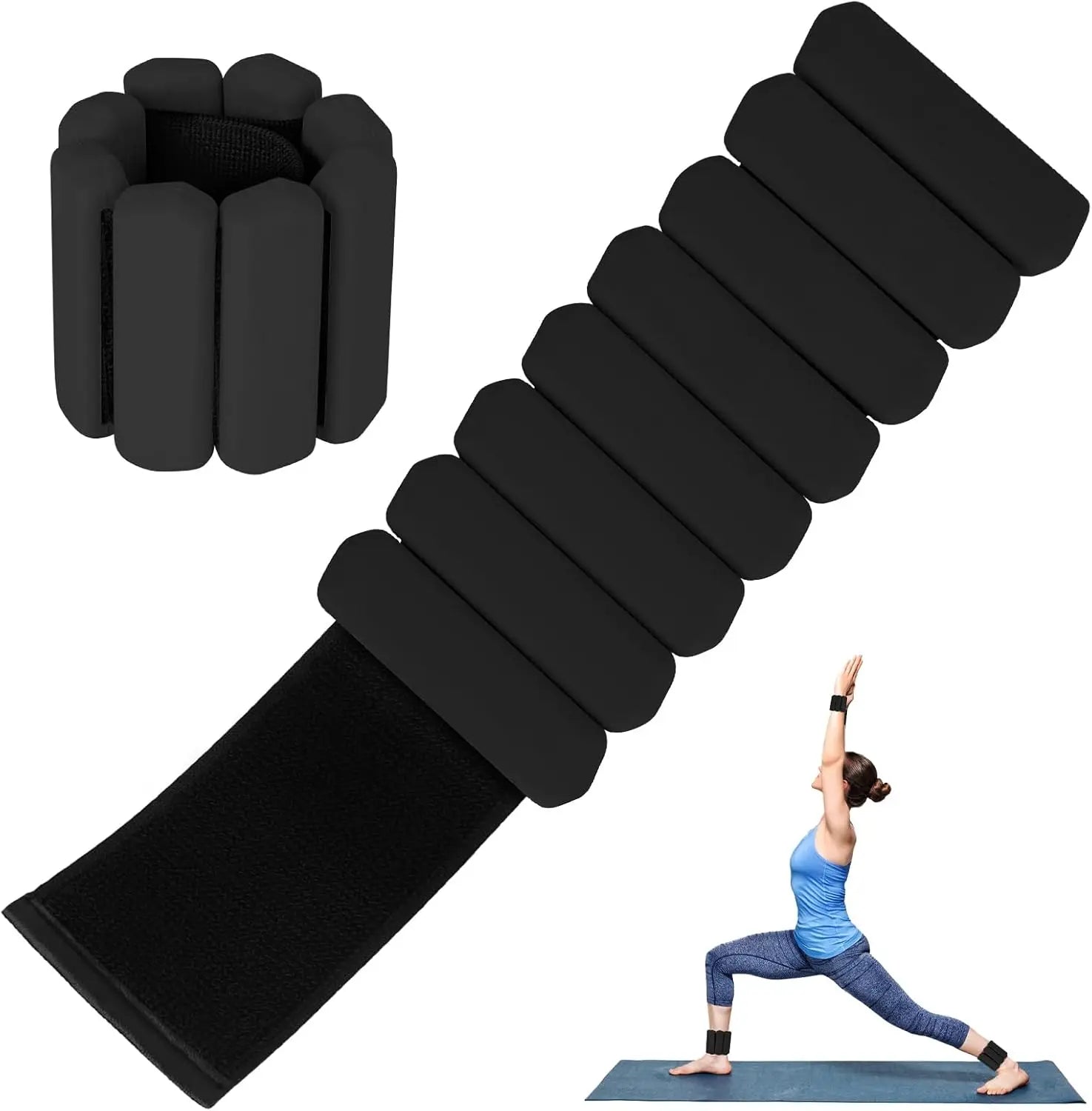 Adjustable wearable arm and leg weights set in black, padded strips and straps