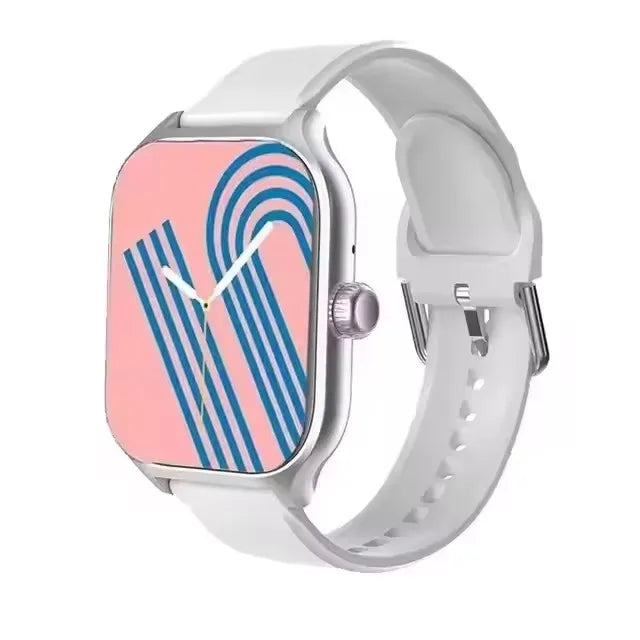 Cedar & Moore 2.01in Smart Watch with white band, square pink display and blue stripes, Bluetooth calling