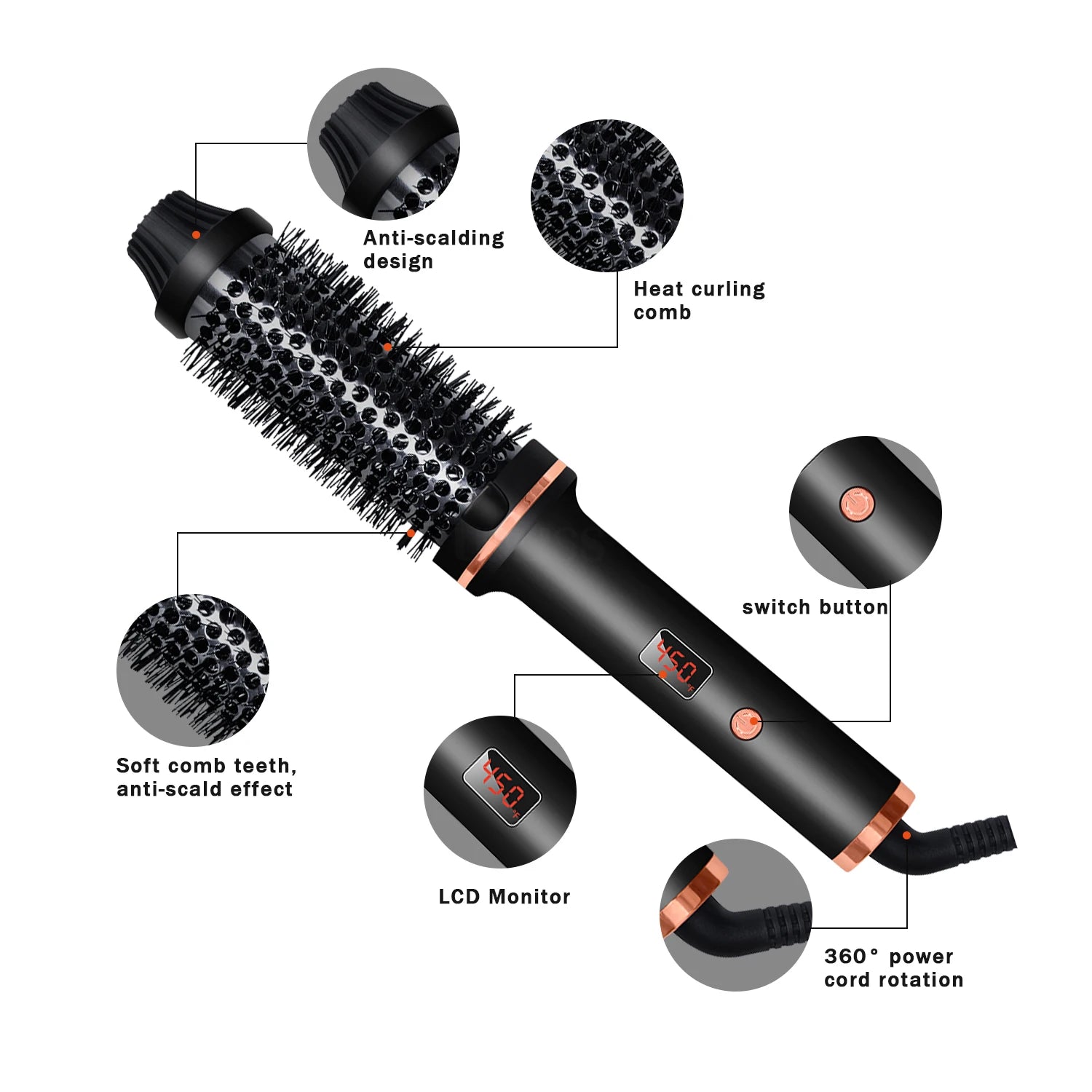 Hair Curling Brush - Ceramic Ionic Hot Brush with Anti-Scald Technology & Fast Heating