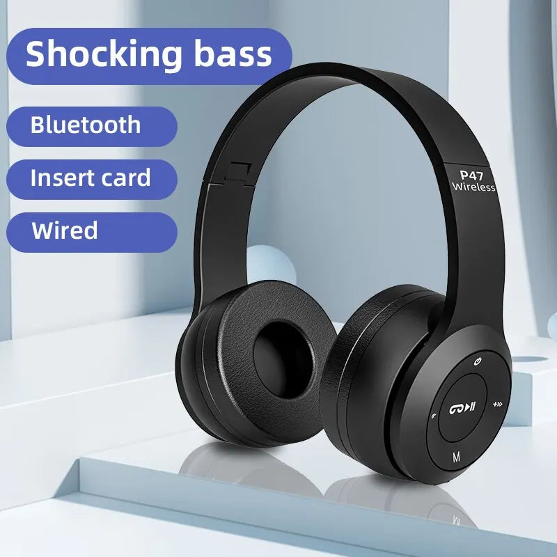 P47 Wireless Bluetooth Headphones, black over-ear foldable headset