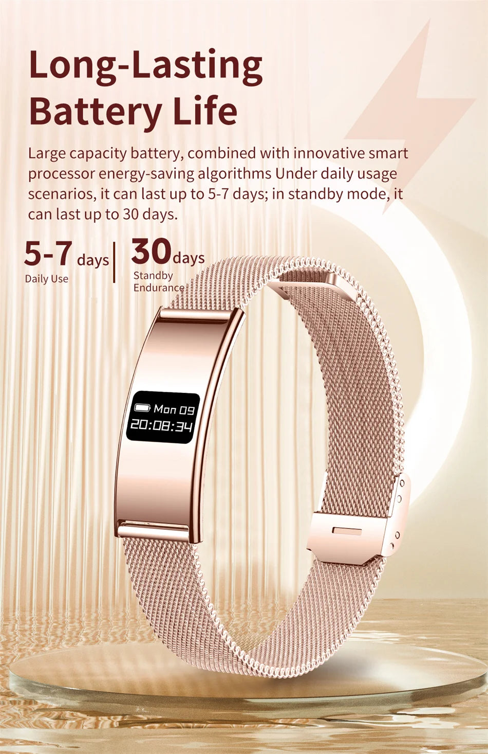 Rose gold mesh fitness tracker bracelet with black screen showing