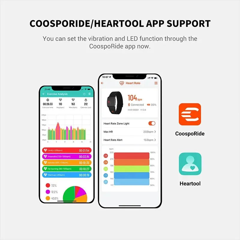 HW9 armband heart rate monitor shown with companion app on smartphone screens