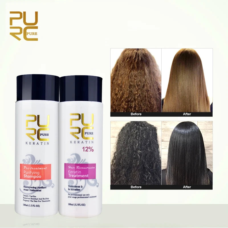 Keratin treatment set with two white bottles and split before-and-after hair results.