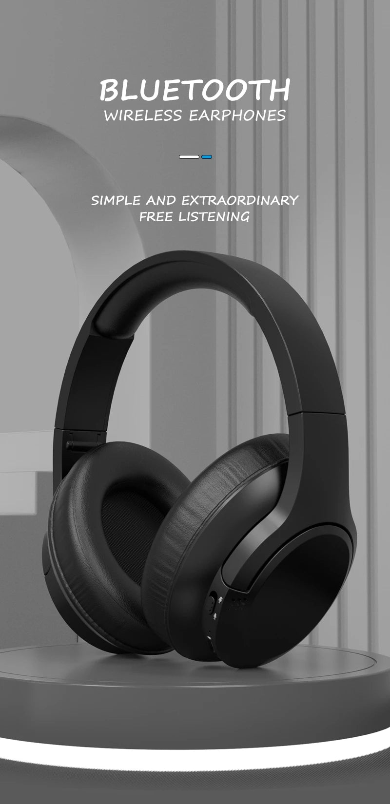 Black over-ear wireless earphones headset with thick headband and round earcups