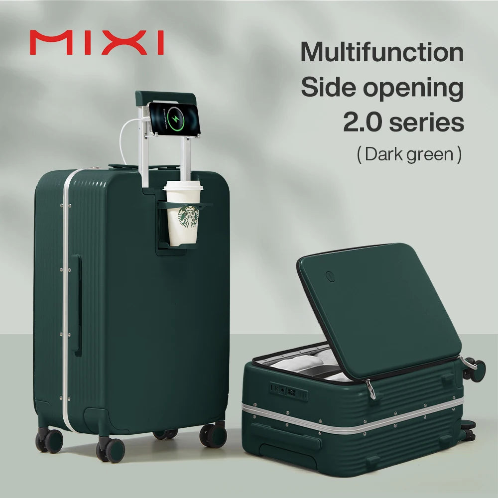 Green carry-on suitcase with side opening cover and built-in accessory cup holder