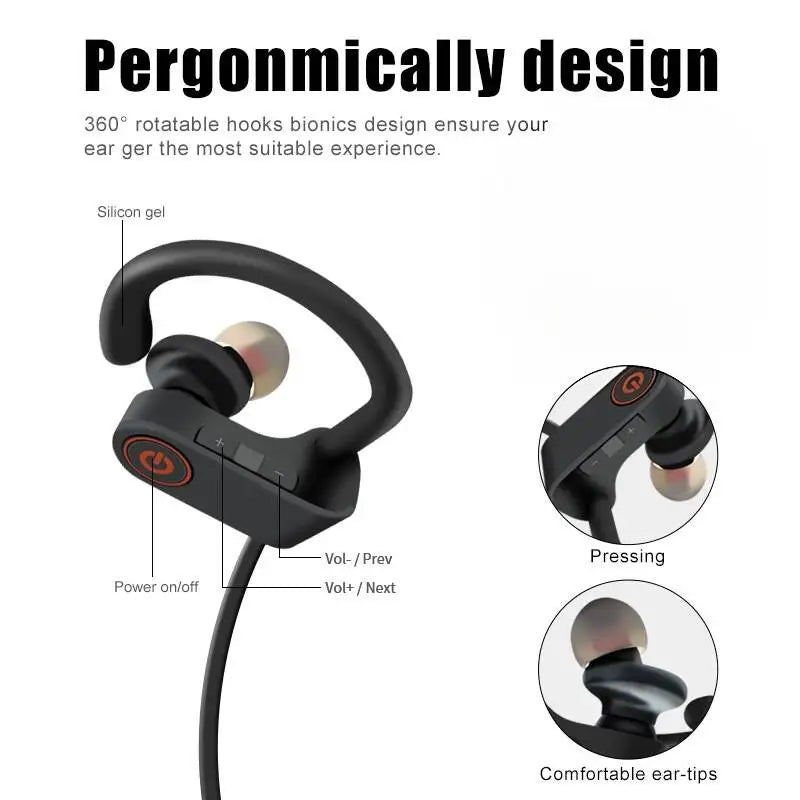Black wireless sport headphones with cushioned ear-tips and rotating ear hooks