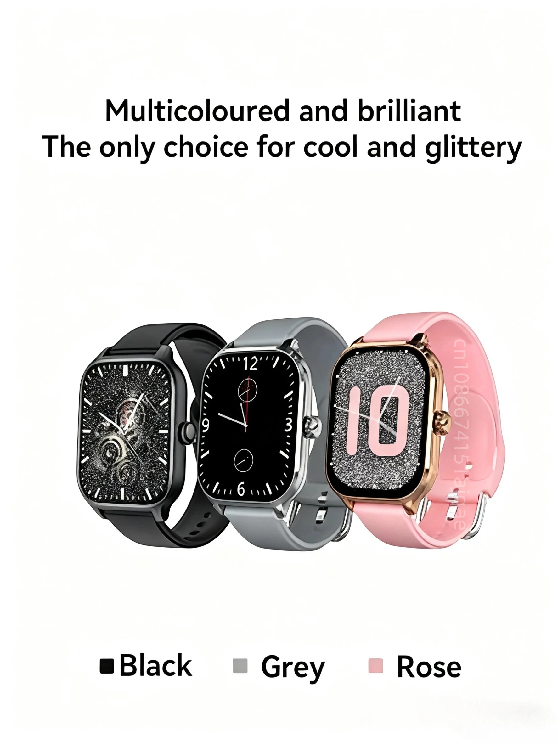 Set of three smartwatches with black, grey, and rose straps, showing a glowing digital 10