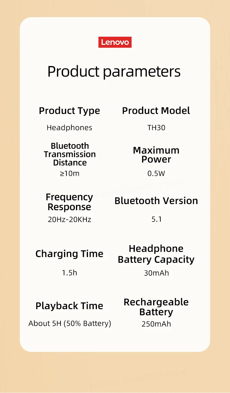 Lenovo TH30 wireless headphones product parameters card with Bluetooth and power details