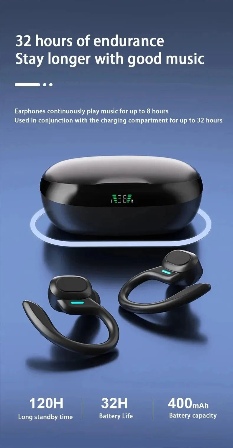 Black wireless sport earbuds with charging case and battery level LED