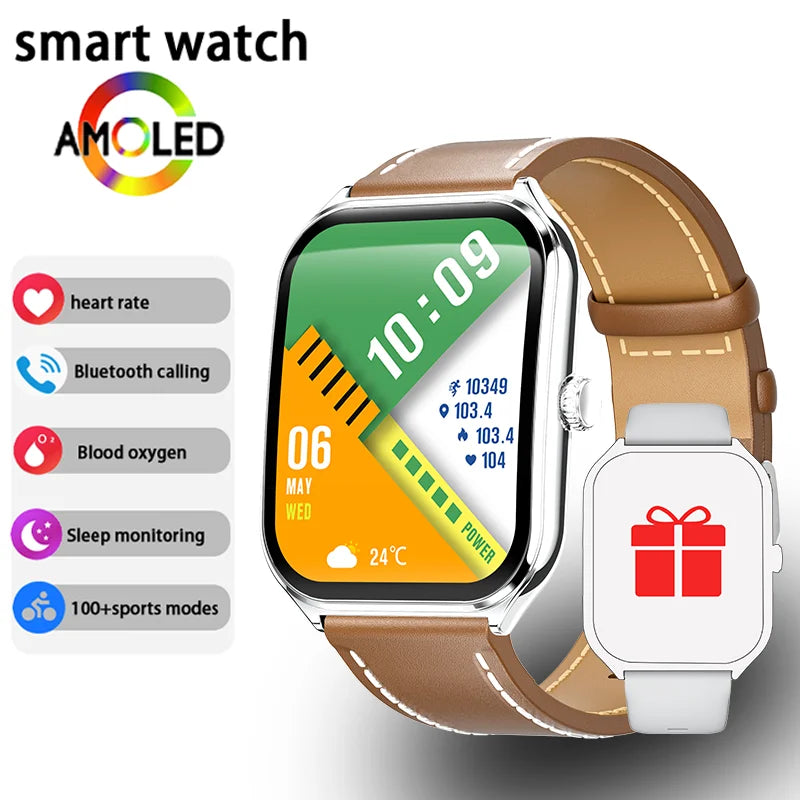 Ultra-thin AMOLED smart watch with brown leather strap and green display