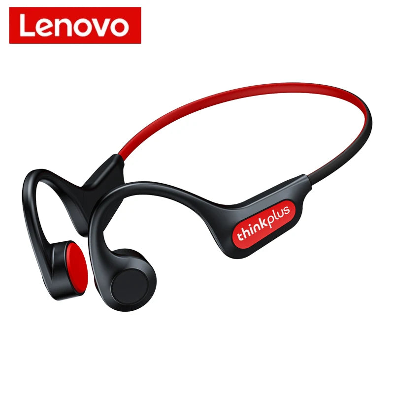 Bone conduction wireless sports headphones with black frame and red accent cable