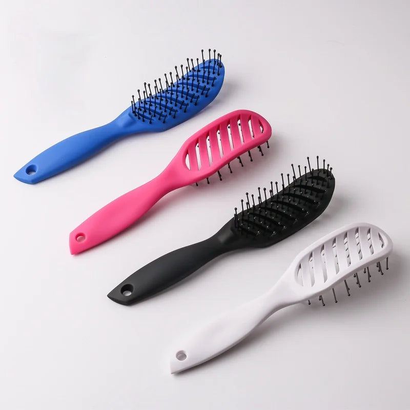 Curved hair detangling brush set with 9-row bristles and scalp massage, blue, pink, black