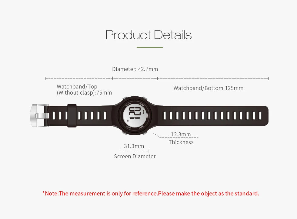 Heart rate monitor watch size diagram showing black band and display dimensions