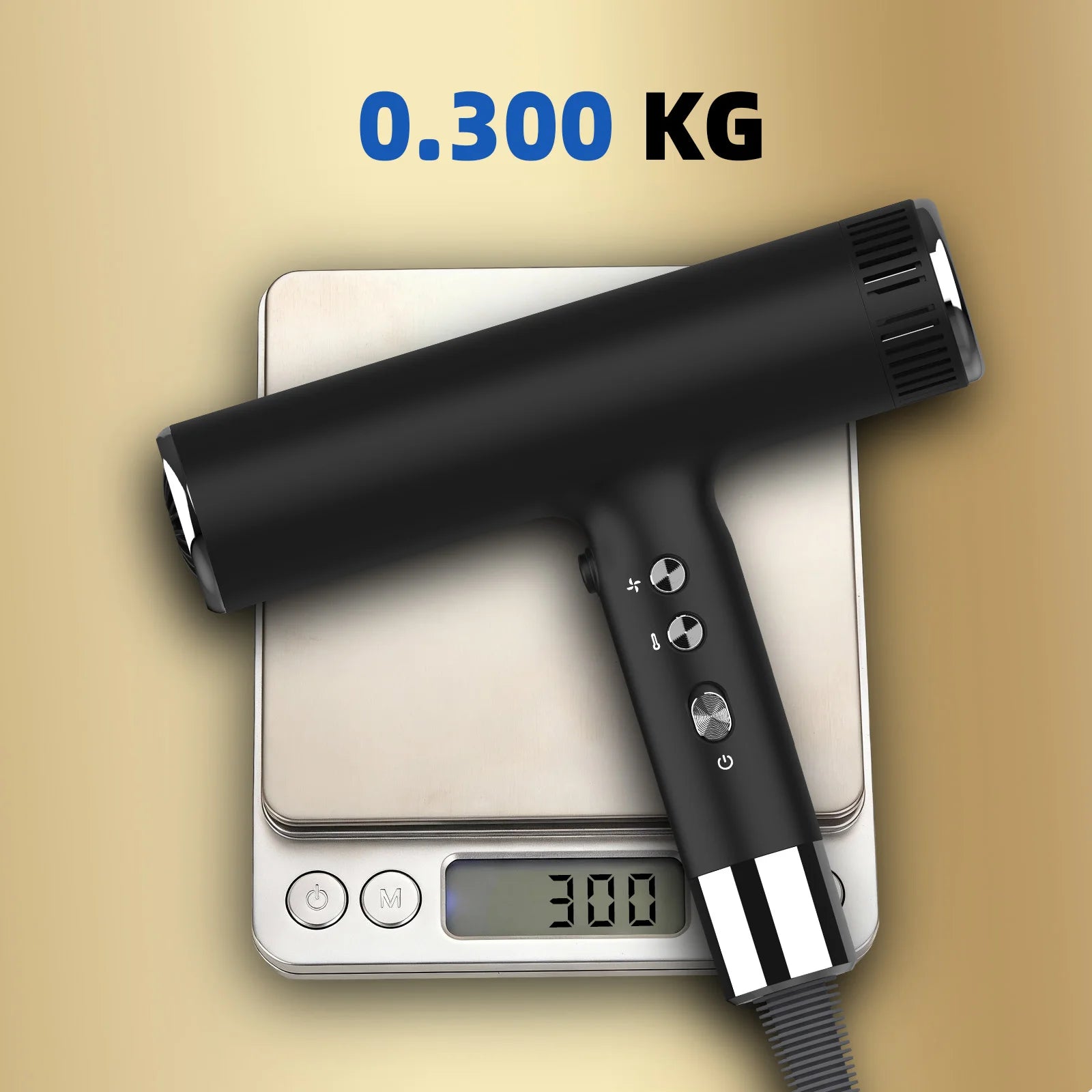 Black professional hair dryer on a digital display weight scale