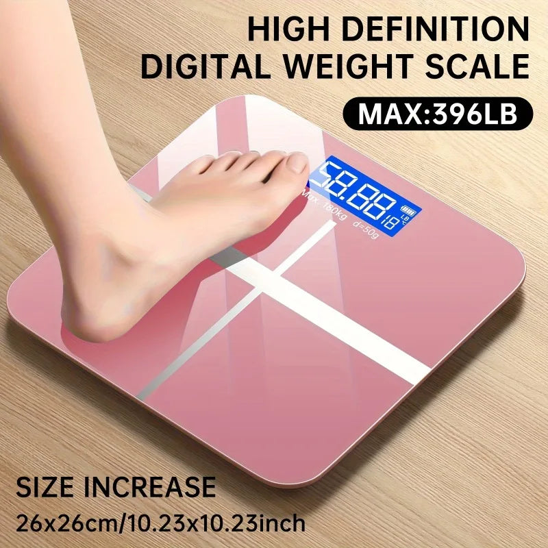 Pink digital bathroom scale with blue LED display and high-precision weight readout; max 396 lb