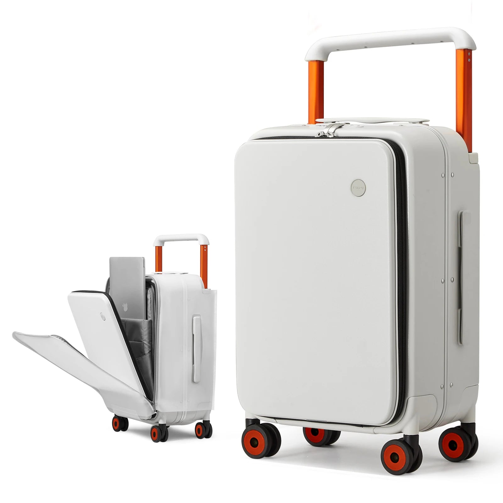 20-inch carry-on suitcase with trolley handle, white hard shell, orange corner accents