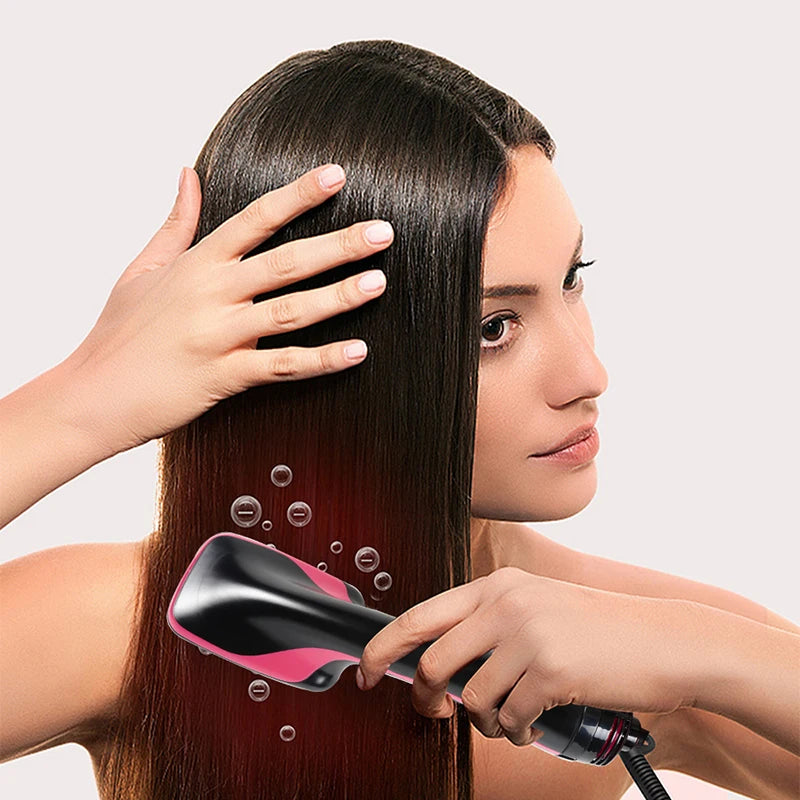 Hot air brush hair dryer styling hair, black handle with pink-edged barrel