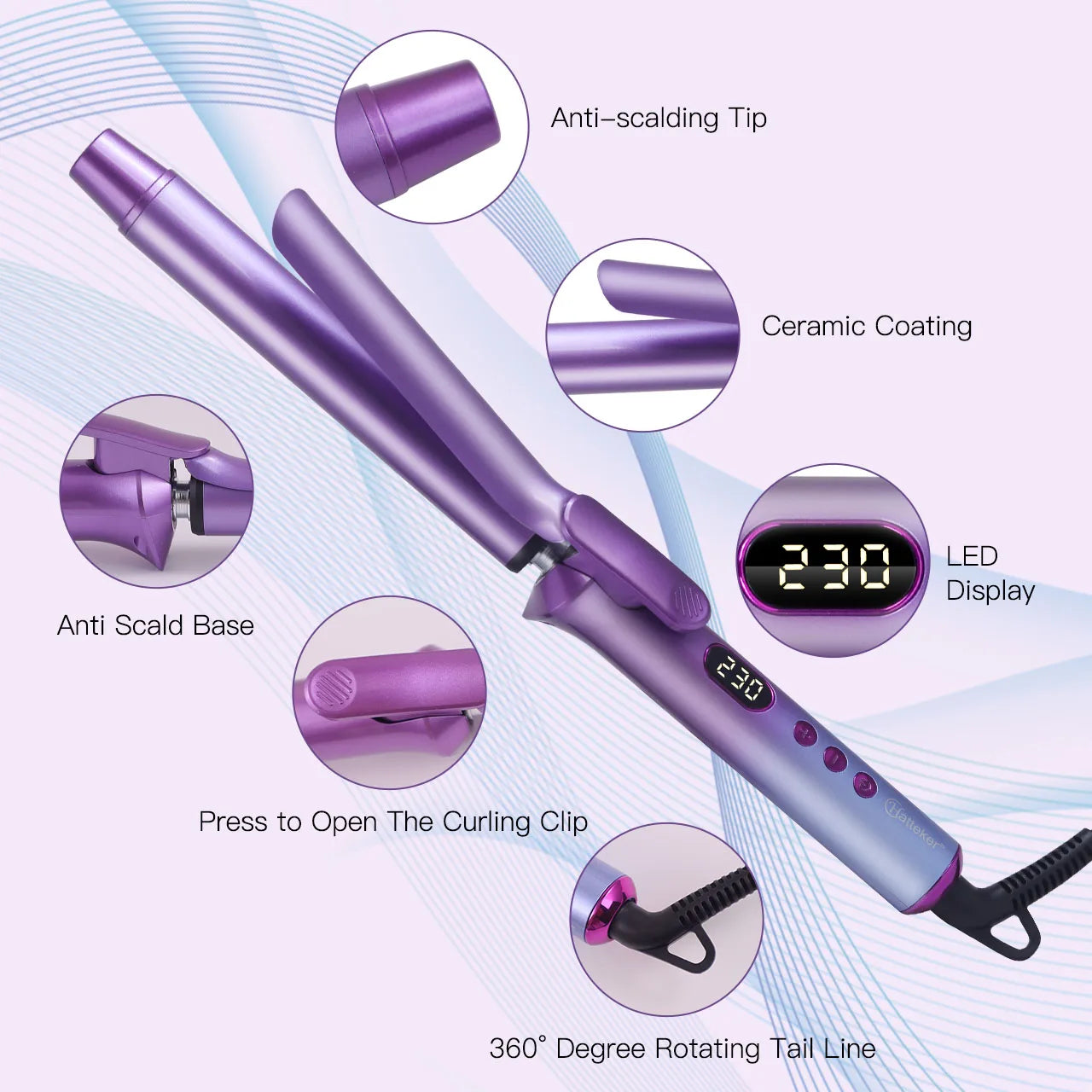 Purple curling iron with ceramic coating, anti-scald tip and LED temperature display