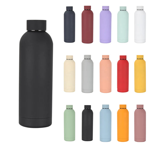500ml insulated stainless steel water bottle by Cedar & Moore; black bottle with 15 color variants displayed.