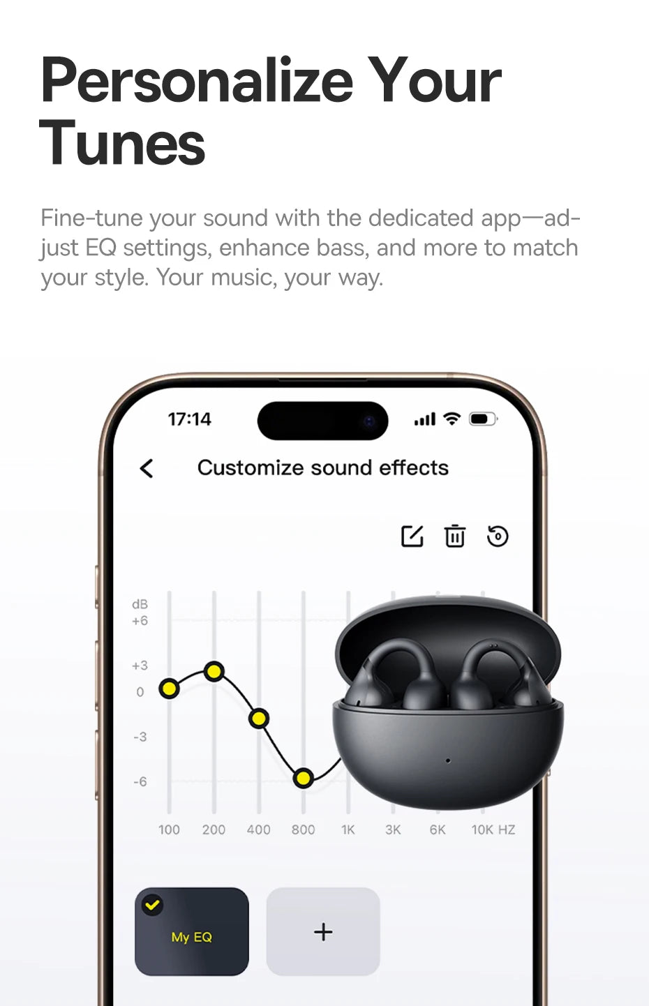 Black open-ear clip earbuds with sound customization EQ app screen
