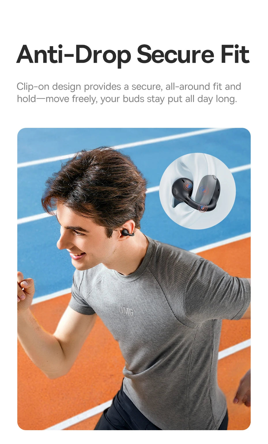 Black open-ear clip earbuds worn securely on ear during exercise