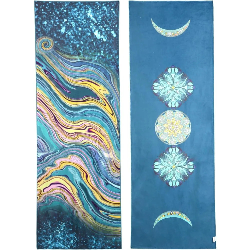 Yoga mat towels: multicolor wavy print and blue towel with moon and flower icons