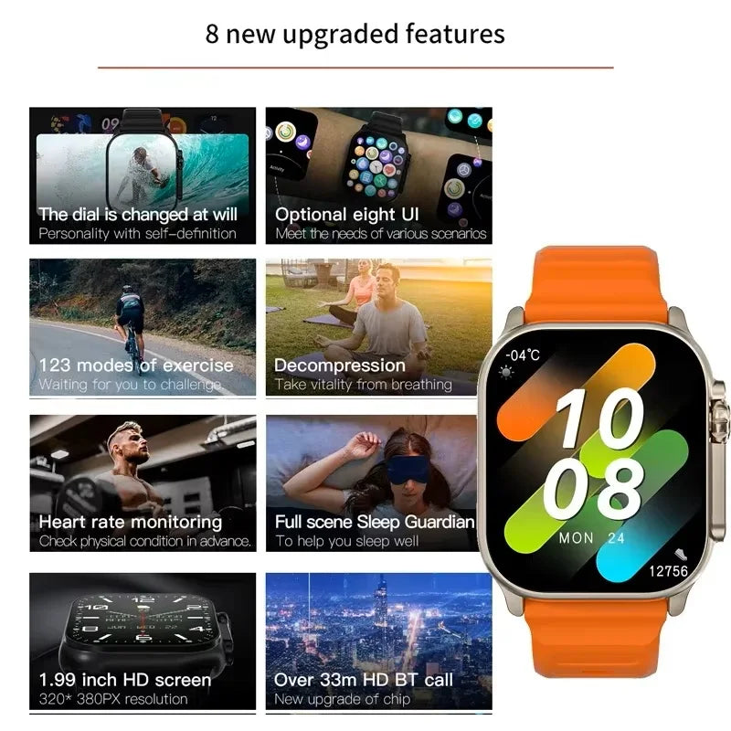 49mm smart watch with orange silicone strap and large round display