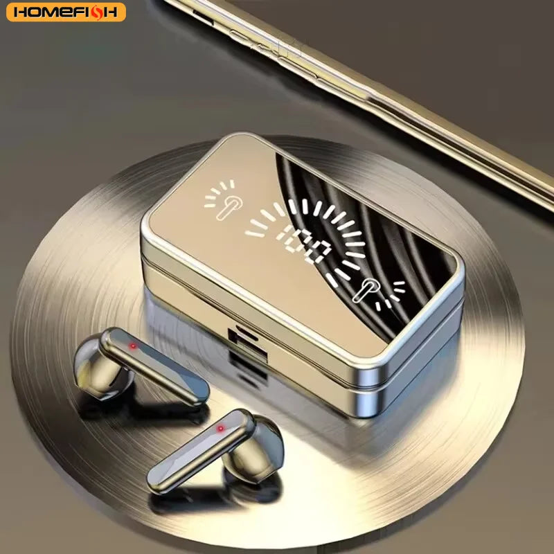 Bluetooth earphones charging case with two earbuds, shown on a round base