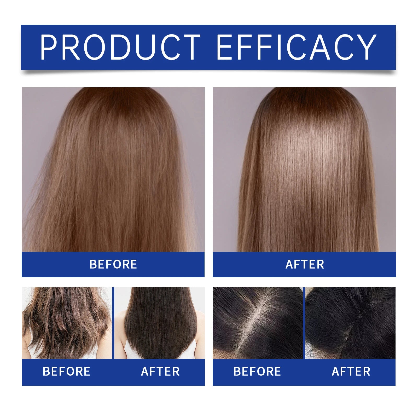 Hair before-and-after photos with straight brown strands, showing volume and shine