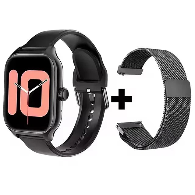 Smart Watch with black silicone strap and metal mesh strap, 2-piece set