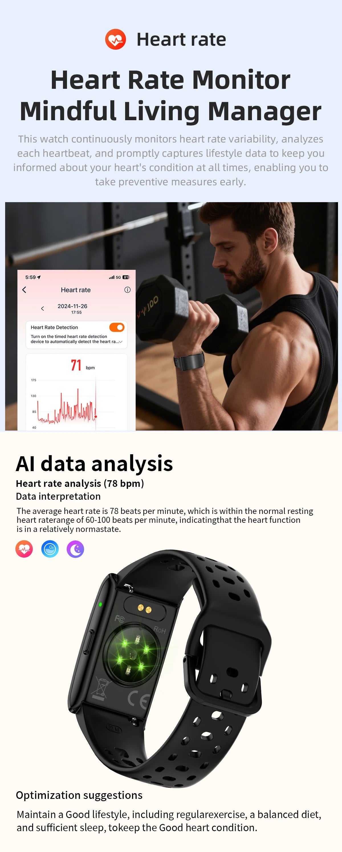 Black fitness smart bracelet with heart-rate display and glowing circular sensor screen.