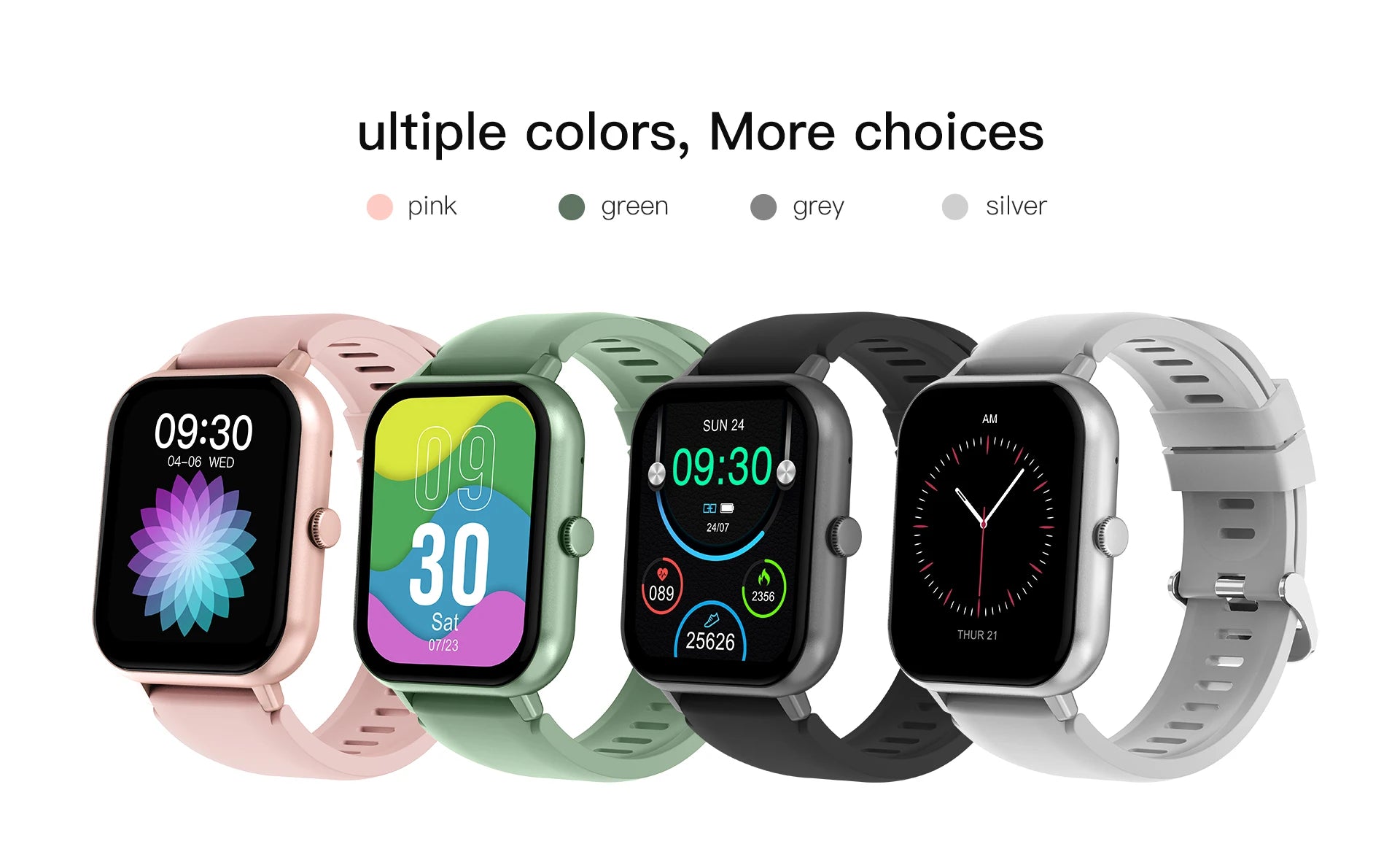 Smartwatch set in multiple colors: pink, green, black, and silver straps with colorful faces