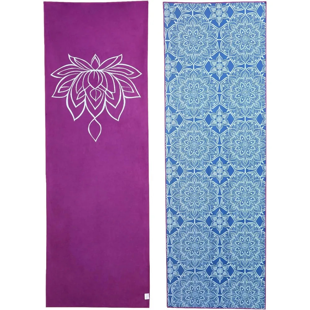 Yoga mat towels: purple lotus line print and blue floral lace pattern towel