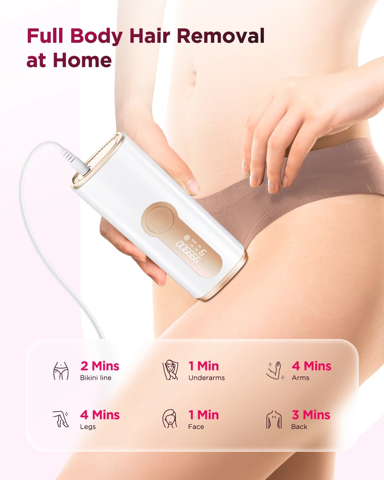 Handheld IPL hair removal device used on leg, white body with gold treatment window