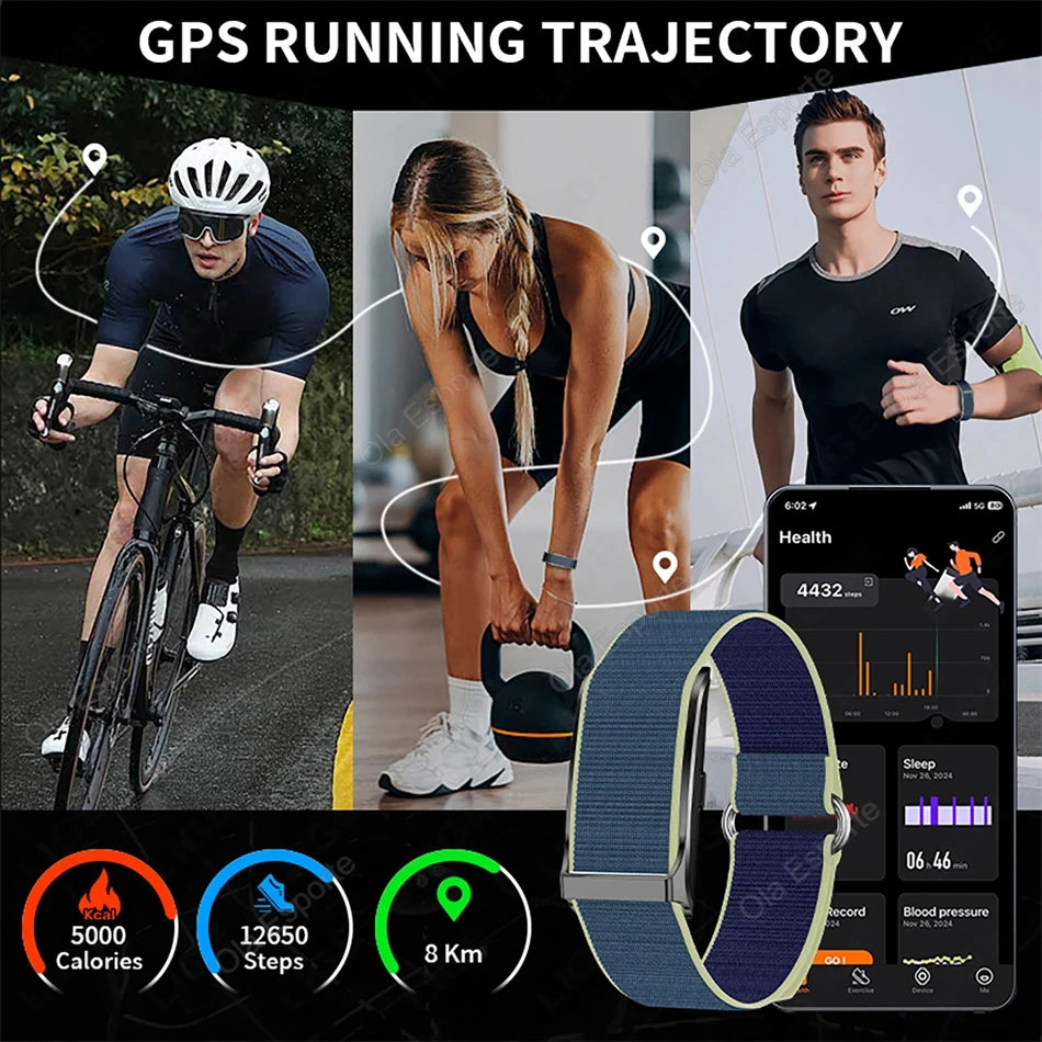Blue fabric smart fitness tracker bracelet with dark watch module and app fitness overview