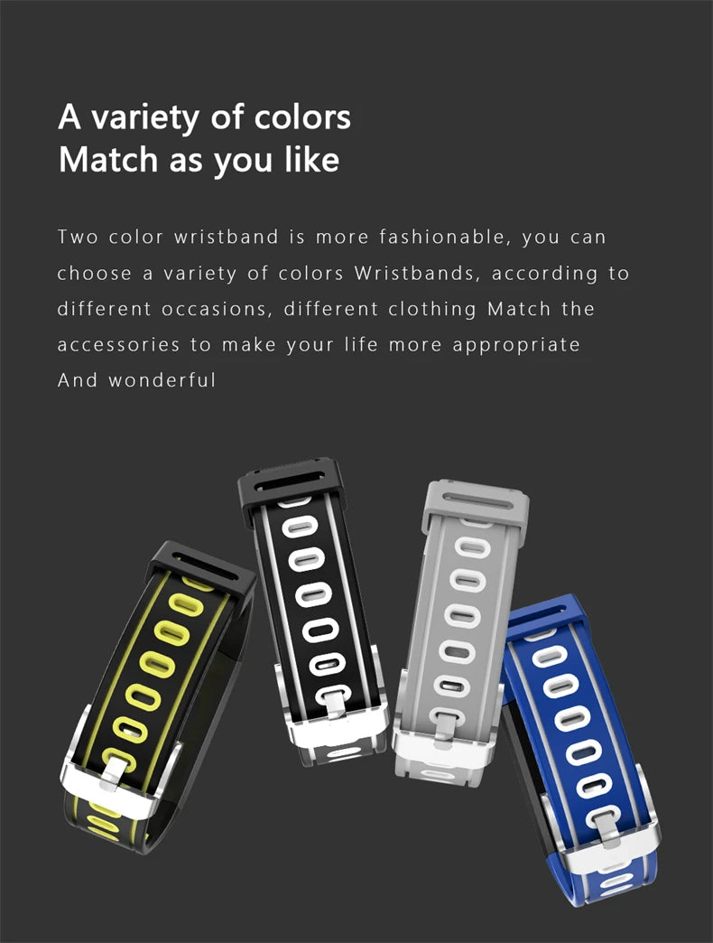 Smartwatch straps in black, gray, and blue with stacked dial display