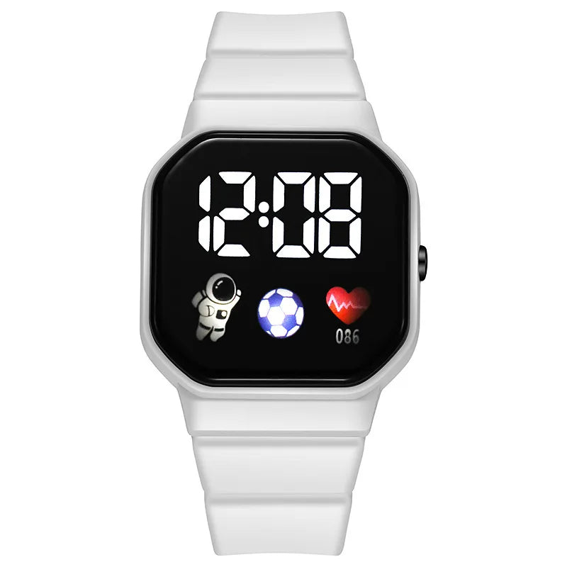 Kids LED digital sports watch with white silicone strap and black LED display