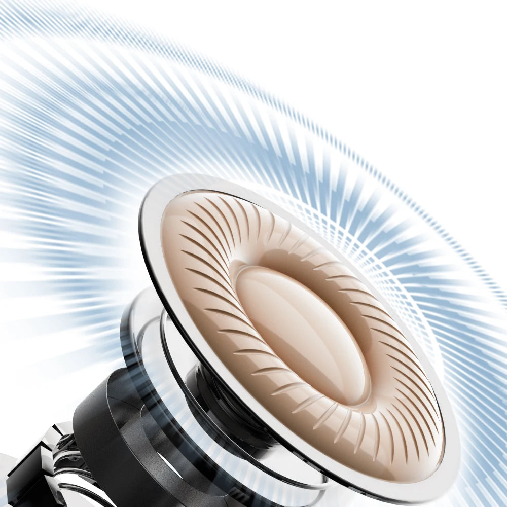 Earbud speaker driver with vented diaphragm, close-up detail