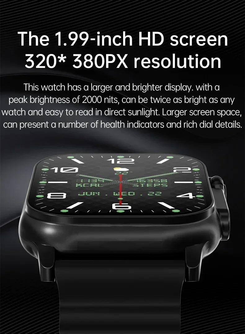 49mm smart watch with black silicone strap and bright 1.99-inch HD screen