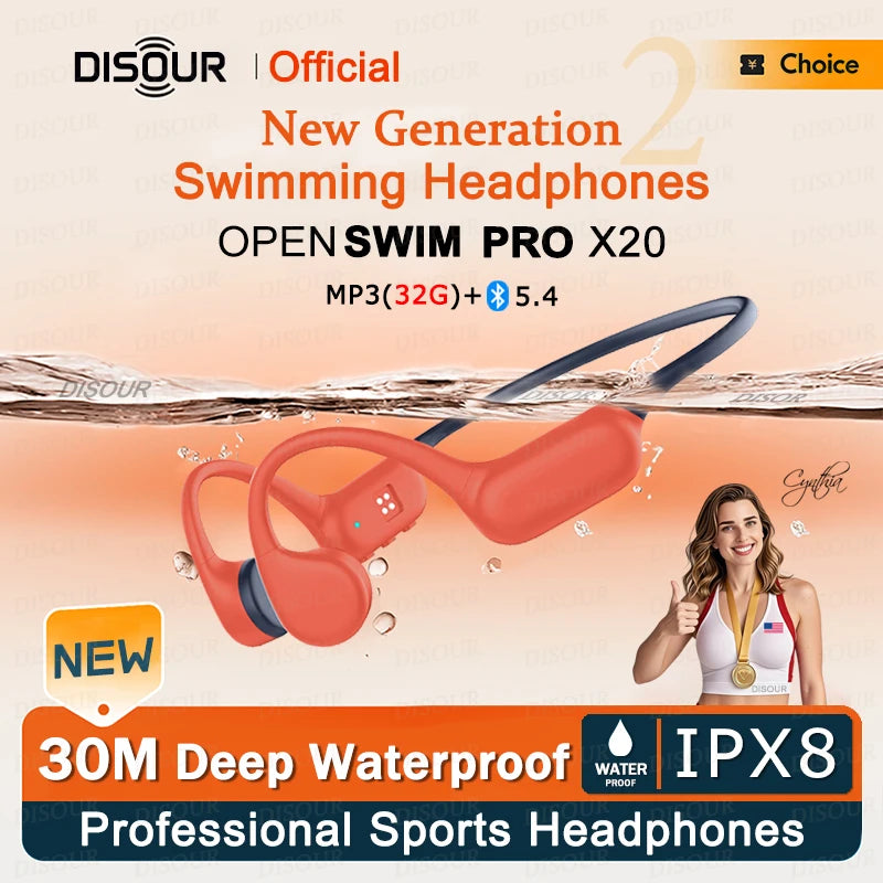 DISOUR X20 Bone Conduction Headphones - Bluetooth 5.4 with 32GB MP3 Player & IPX8 Waterproof