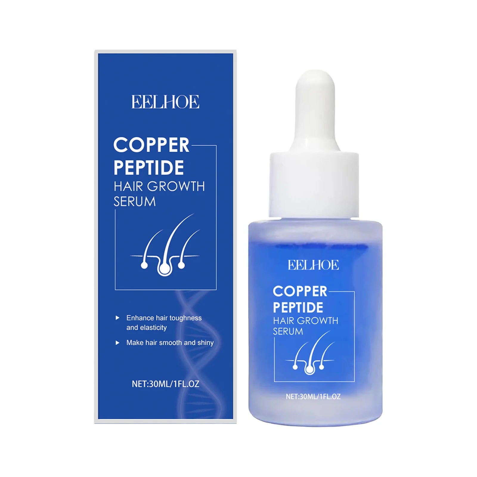 EELHOE copper peptide hair growth serum bottle with white dropper and blue box