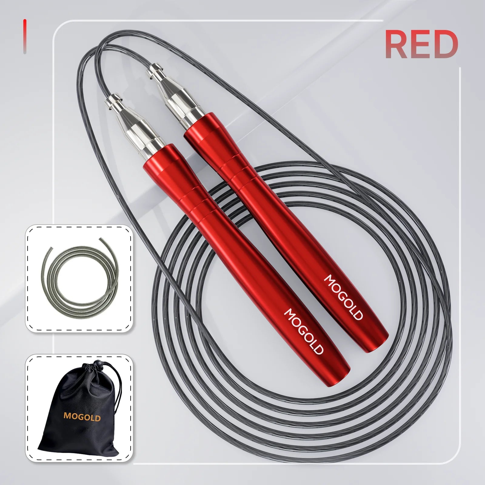 Adjustable speed jump rope with dual ball-bearing handles and coiled steel cable, red
