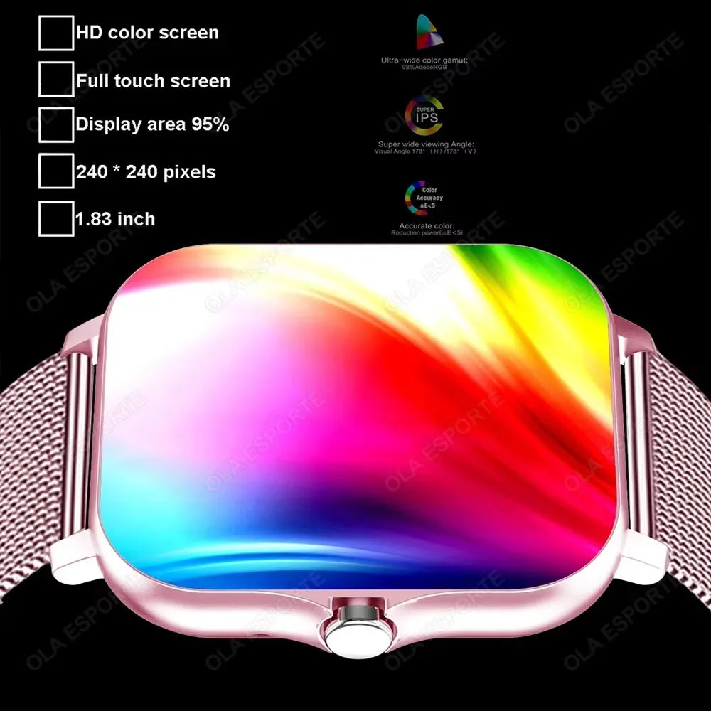 Multifunctional smart watch with pink rose-gold case and mesh band, 1.4-inch OLED display