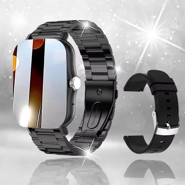 Multifunctional Smart Watch Cedar & Moore with 1.4-inch OLED display, black metal band and extra silicone strap (2-piece)