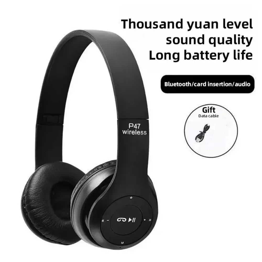 P47 wireless Bluetooth headphones Cedar & Moore, black foldable over-ear headset with HiFi bass