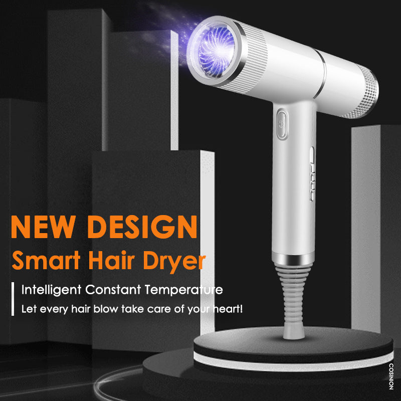 White hair dryer on base with glowing blue ring at the nozzle