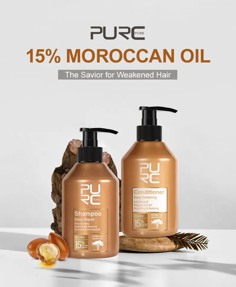 Moroccan argan oil shampoo and conditioner set with 15% Moroccan oil bottles and black pumps