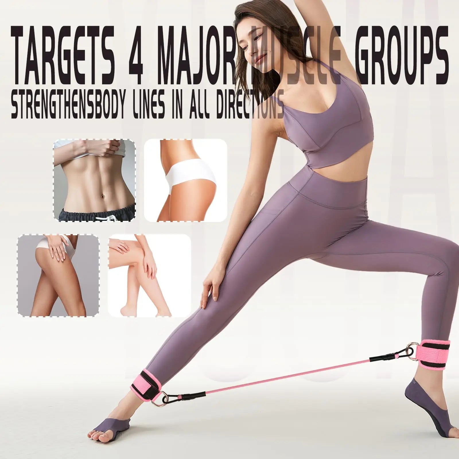 Leg training resistance band set with pink band and ankle cuffs on a standing model